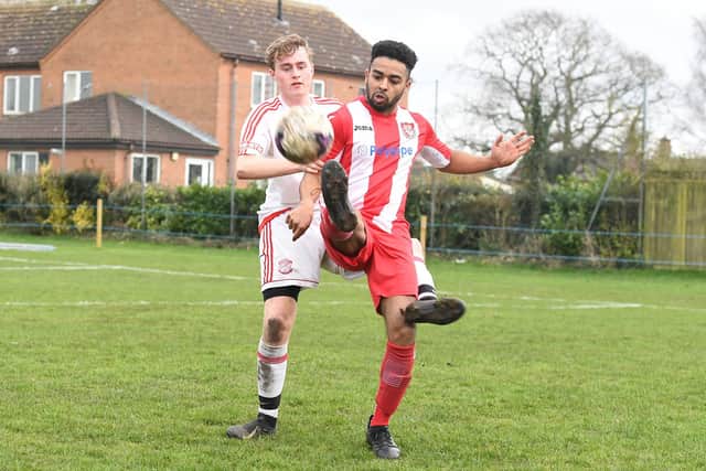 Horncastle Town (red), v Lincoln United Development. Nadir Boulaid