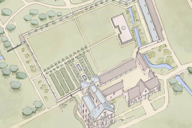 An aerial impression of what the restored hall and gardens will look like - if planners give the go ahead.