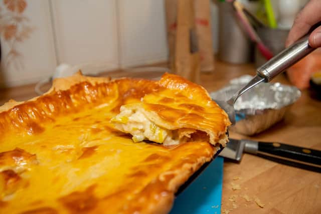 Reporter's pie-making lesson at the Toadstool Cafe last week.
