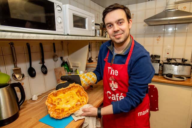 Reporter's pie-making lesson at the Toadstool Cafe last week.
