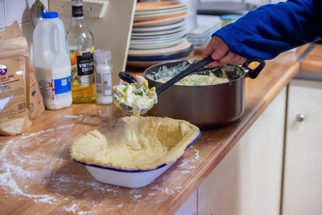 Reporter's pie-making lesson at the Toadstool Cafe last week.
