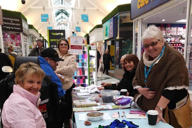 The Library crochet group supporting Skegness Volunteers Week in the Hildreds Centre.