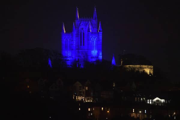 Lincoln Cathedral is illuminated in blue lights in a gesture of support and solidarity for all National Health Service (NHS) workers and carers on the frontline of the coronavirus crisis.

Picture: Chris Vaughan Photography
Date: March 26, 2020 EMN-200204-160610001