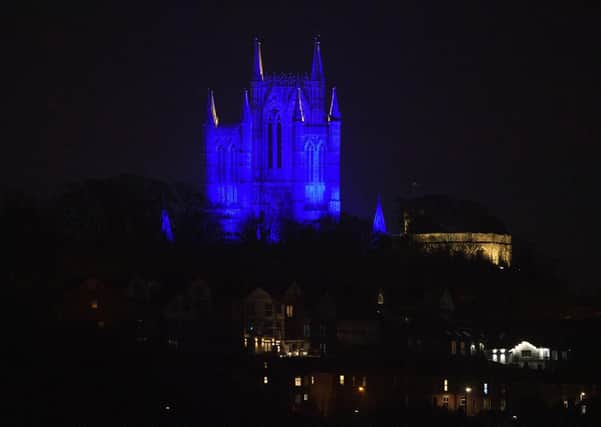 Lincoln Cathedral is illuminated in blue lights in a gesture of support and solidarity for all National Health Service (NHS) workers and carers on the frontline of the coronavirus crisis.Picture: Chris Vaughan PhotographyDate: March 26, 2020 EMN-200204-160610001