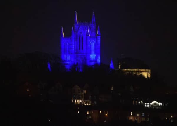 Lincoln Cathedral is illuminated in blue lights in a gesture of support and solidarity for all National Health Service (NHS) workers and carers on the frontline of the coronavirus crisis.

Picture: Chris Vaughan Photography
Date: March 26, 2020 EMN-200204-160610001