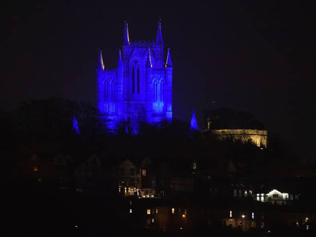 Lincoln Cathedral is illuminated in blue lights in a gesture of support and solidarity for all National Health Service (NHS) workers and carers on the frontline of the coronavirus crisis.

Picture: Chris Vaughan Photography
Date: March 26, 2020 EMN-200204-160610001