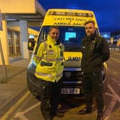 Paramedics Wayne Bontoft  and Lee Street at the end of a long shift at Pilgrim Hospital in Boston.