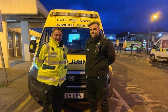 Paramedics Wayne Bontoft and Lee Street at the end of a long shift at Pilgrim Hospital in Boston.