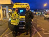 Paramedics Wayne Bontoft  and Lee Street at the end of a long shift at Pilgrim Hospital in Boston.