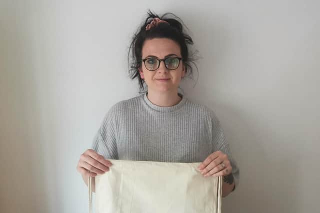 Charlotte Blakey, of Sibsey, with one of the bags (before its visit to the printers).