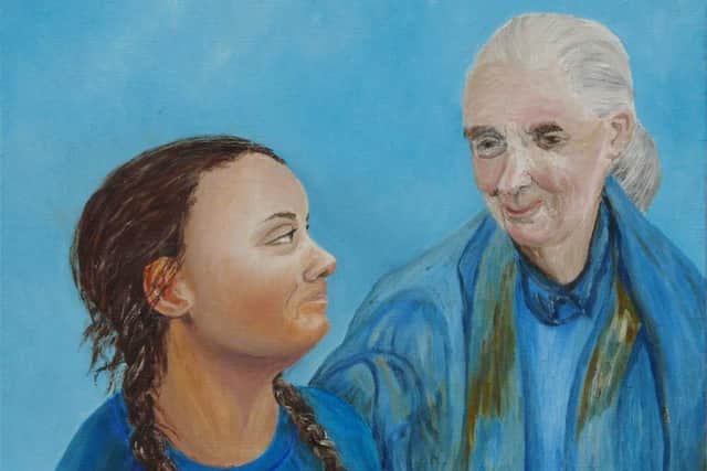 This was painted by Biff Vernon in January 2019 when Greta Thunberg and Jane Goodall met in Davos, Switzerland, for the World Economic Forum EMN-200904-124546001
