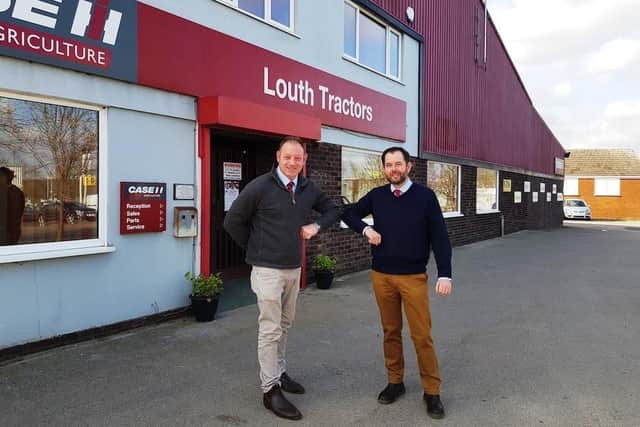 David Day, Product Manager for Maschio Gaspardo in UK, ‘elbow bumping’ with Philip Stephenson, Agricultural Sales Manager for Louth Tractors.