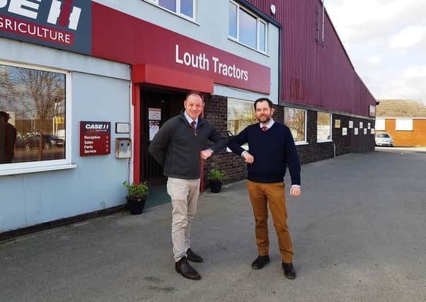 David Day, Product Manager for Maschio Gaspardo in UK, ‘elbow bumping’ with Philip Stephenson, Agricultural Sales Manager for Louth Tractors.