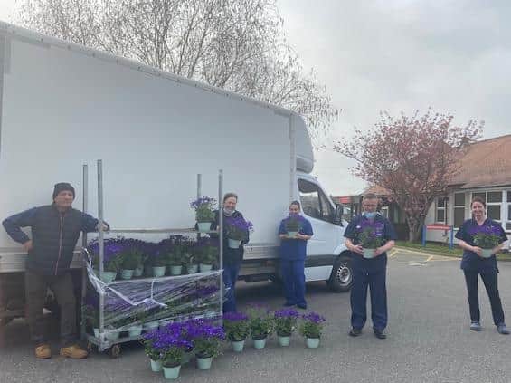 Steve Matthews of Discount Flowers delivering pots of flowers to NHS workers at Skegness Hospital.