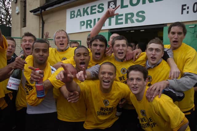 Celebrating the play-off final win at Bradford.