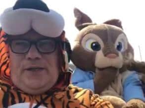Rob Stevens and the Easter Bunny riding around the coast delivering Easter eggs.