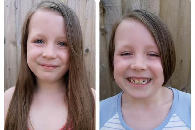 Isobel Whelan, of Sleaford, before and after her charity haircut.