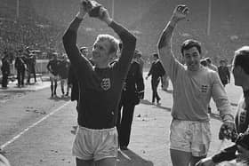 Bobby Moore and Gordon Banks celebrate winning the World Cup. Photo: GettyImages