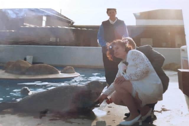 Paul and Yvonne Nowick shaking flippers with Franny on their wedding day.