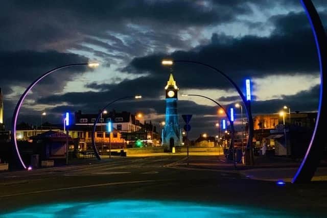 Tower Esplanade lit blue as a tribute to the NHS and key workers. Photo: John Byford.