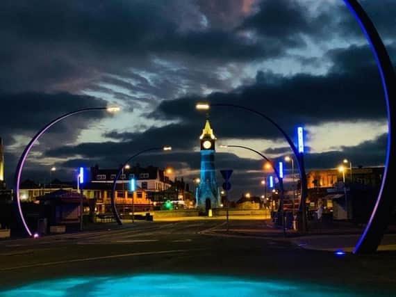 Tower Esplanade lit blue as a tribute to the NHS and key workers. Photo: John Byford.