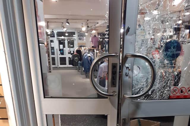 The smashed doorway at Alisons in Lumley Road, Skegness.