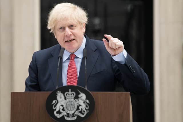 Prime Minister Boris Johnson makes a statement outside 10 Downing Street, London, as he resumes working after spending two weeks recovering from Covid-19. Picture: Stefan Rousseau/PA Wire