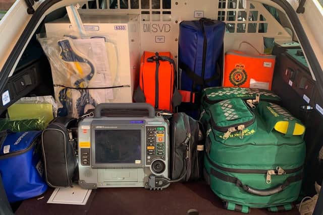 Some of the kit on board with Warrant Officer Dave Hughes as a Team Leader and Volunteer Emergency Responder with East Midlands Ambulance service. EMN-200428-153926001
