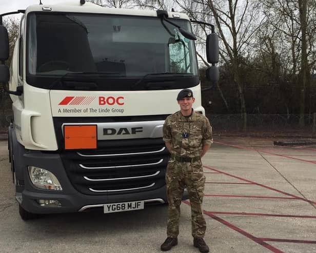 Senior Aircraftman Jack Curtis, from RAF College Cranwell is just one of the many personnel who have been deployed to utilise his skills during the COVID19 crisis, driving oxygen tankers for British Oxygen. EMN-200428-153906001