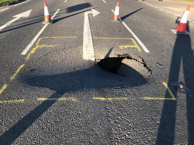 The growing sinkhole that developed on the A153, closing the road for two weeks. Photo: Sleaford Police