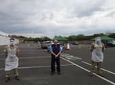Soldiers of the 2nd Battalion The Royal Anglian Regiment (The Poachers) who have been testing at Tesco car park in Skegness, pictured with Coun Steve Walmsley.