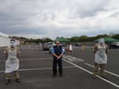 Soldiers of the 2nd Battalion The Royal Anglian Regiment (The Poachers) who have been testing at Tesco car park in Skegness, pictured with Coun Steve Walmsley.