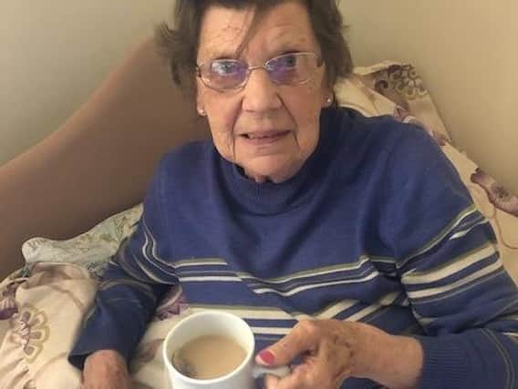 Mary enjoying a cuppa at Eresby Hall care Home in Spilsby.