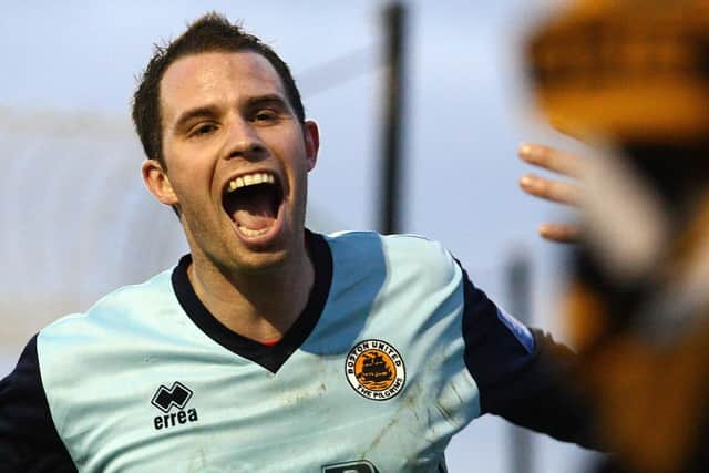 Celebrating a goal at Corby. Photo: David Shipman