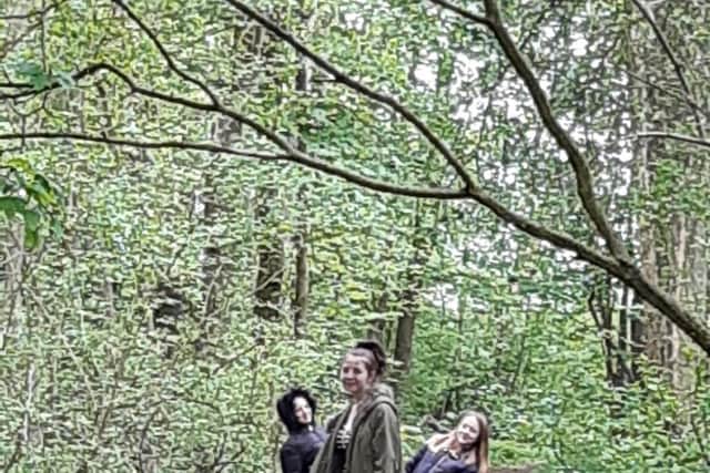 A little walk in the woods for the girls' exercise for physical education (home schooling) - Kayla, Jessica and Kacie Honey, by Ann-Marie Honey. EMN-201005-163554001