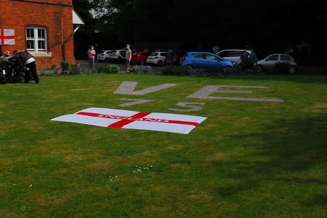 The gardener at St Andrew's Care Home in Ewerby marked out this on the lawn to welcome families for their VE Day themed drive-through visit to residents.