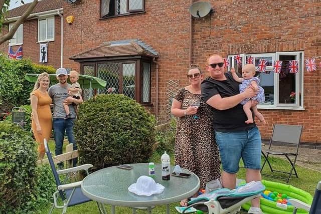 Stewton Lane: Aaron and Laura Tilston with 18-month-old Macsen (left), alongside Lyndsey Banks, Jamie Aldrich, and baby Halle-Rose Aldrich.