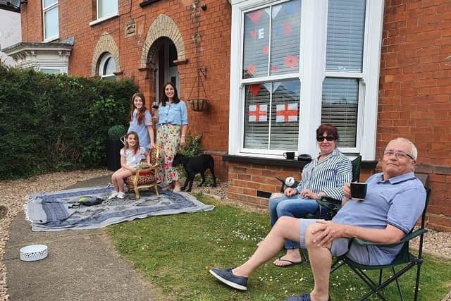 Charlene Leary with Elsie, Nancy, and Ernie the dog, alongside Ann and Patrick Hurn, in Eastfield Road.