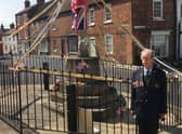 Victor Brocklesby wears his father’s war medals with pride as he is remembered on the 75th anniversary of VE Day at Caistor War Memorial. Picture by Peter Thompson