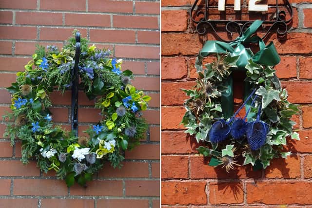 Two door rings created in tribute to NHS staff and other key workers by the Spilsby and District Flower Club.