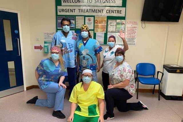 NHS workers in their scrubs at Skegness Hospital.