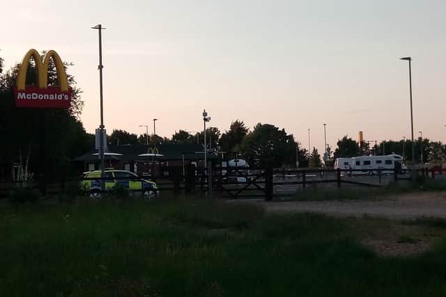 Sleaford Police arrive to confront the visiting motorhomes that had set up at McDonald's on Sunday evening.