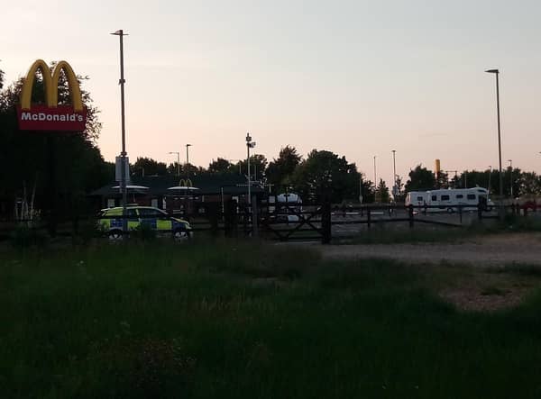 Sleaford Police arrive to confront the visiting motorhomes that had set up at McDonald's on Sunday evening.