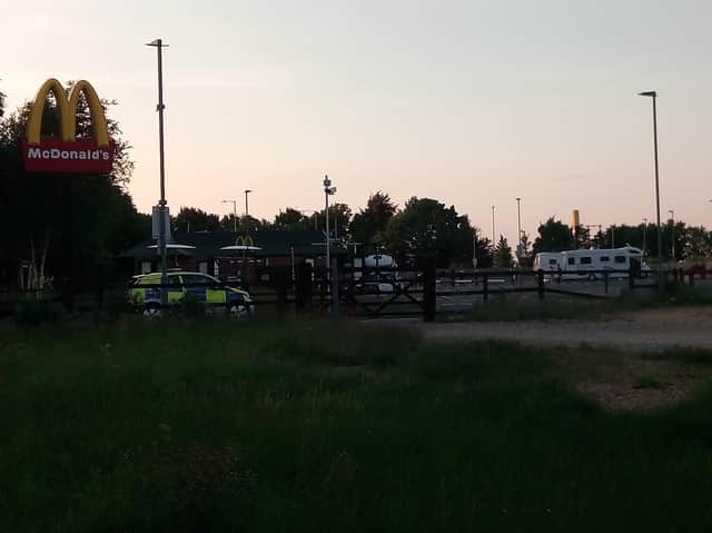 Sleaford Police arrive to confront the visiting motorhomes that had set up at McDonald's on Sunday evening.