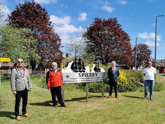 Rotary officers can be seen implementing social distancing whilst officially handing over the newly erected sign to Spilsby Mayor Coun Terry Taylor.
Pictured (from left) are Coun Terry Taylor (Spilsby Mayor) Charles Tong, (Tong
Engineering &amp; Rotary member) Ian Steltner (Rotary President) Peter Butler (Rotary
Member).