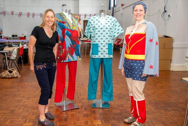 Horncastle’s very own Wonder Woman, Helen Turner, models her scrubs made by Haley (left).