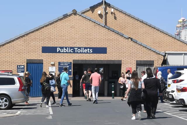 Visitors queuing for the toilets in Skegness.