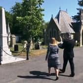 The Mayor and Mayoress approaching the Louth Flood Memorial earlier today.