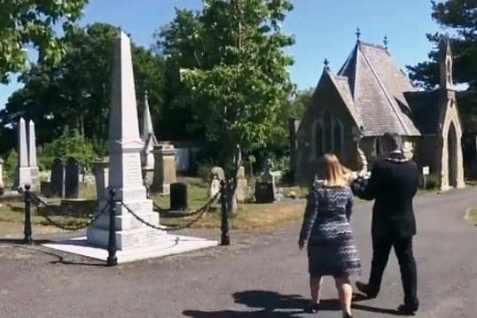 The Mayor and Mayoress approaching the Louth Flood Memorial earlier today.