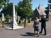 The Mayor and Mayoress approaching the Louth Flood Memorial earlier today.